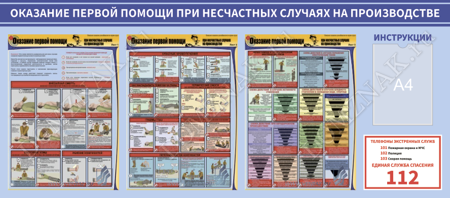 Первая помощь при несчастных случаях. Стенд оказание первой помощи пострадавшим на производстве.